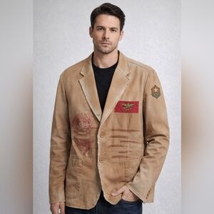 AVVA Men Distressed Look Embroidered Dragon Cotton Casual Jacket Brown/Khaki XL